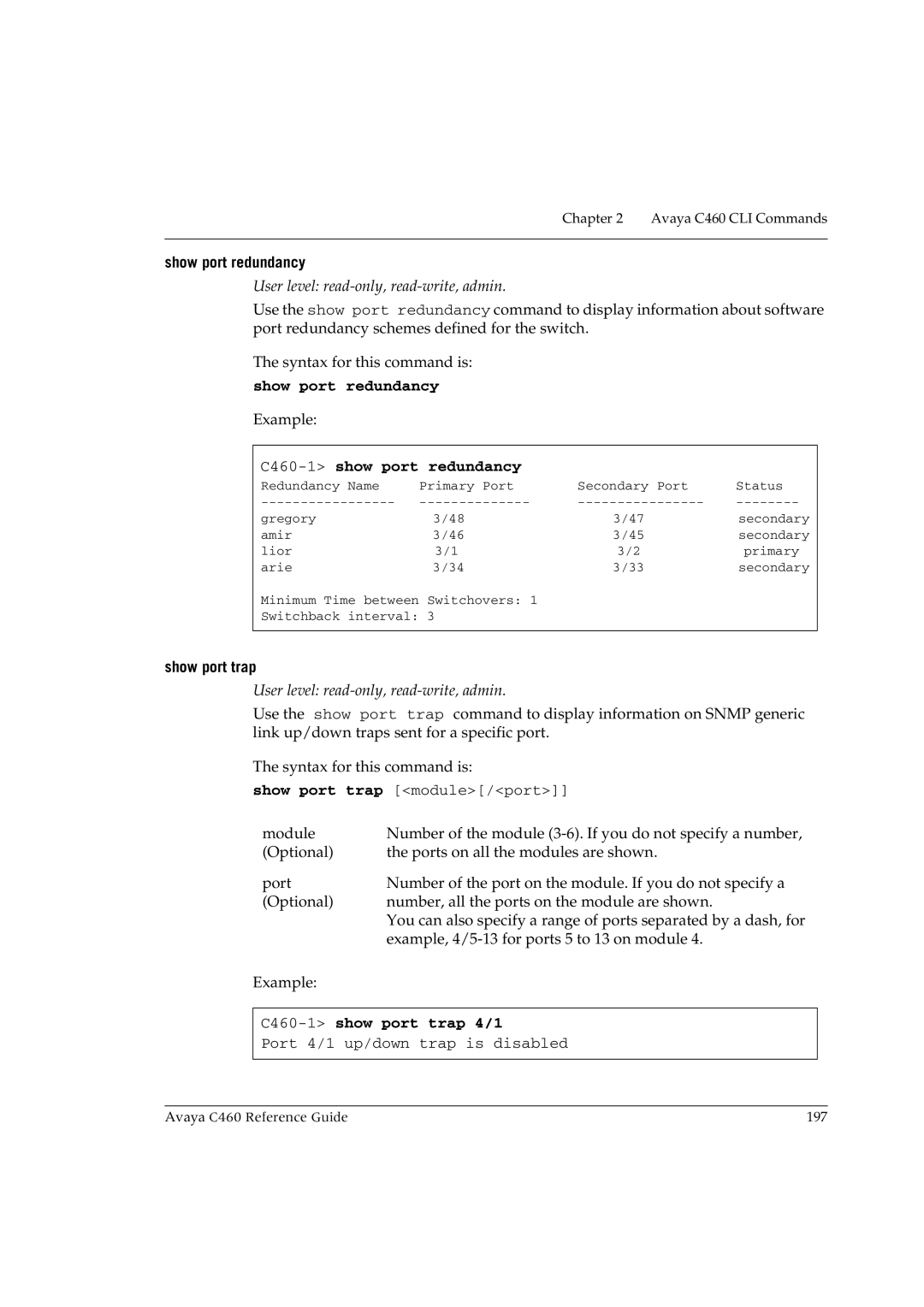 Avaya manual Show port redundancy, C460-1show port redundancy, Show port trap, C460-1show port trap 4/1 