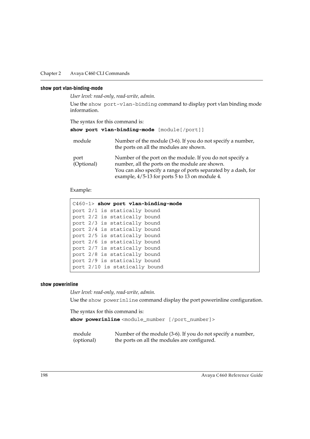 Avaya C460 manual Show port vlan-binding-mode module/port, Show powerinline 