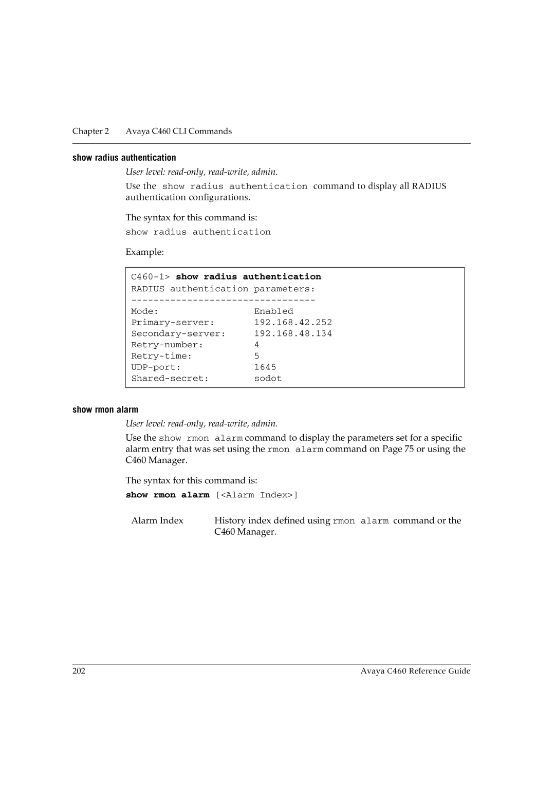 Avaya manual Show radius authentication, C460-1 show radius authentication, Show rmon alarm Alarm Index 