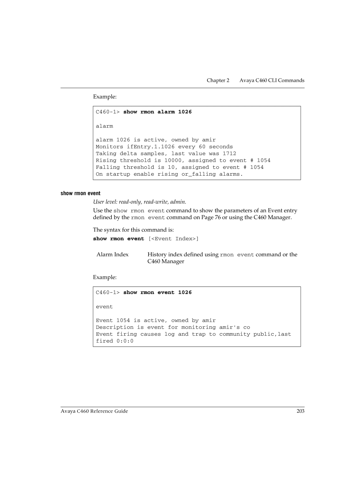 Avaya manual C460-1show rmon alarm, Show rmon event Event Index, C460-1show rmon event 