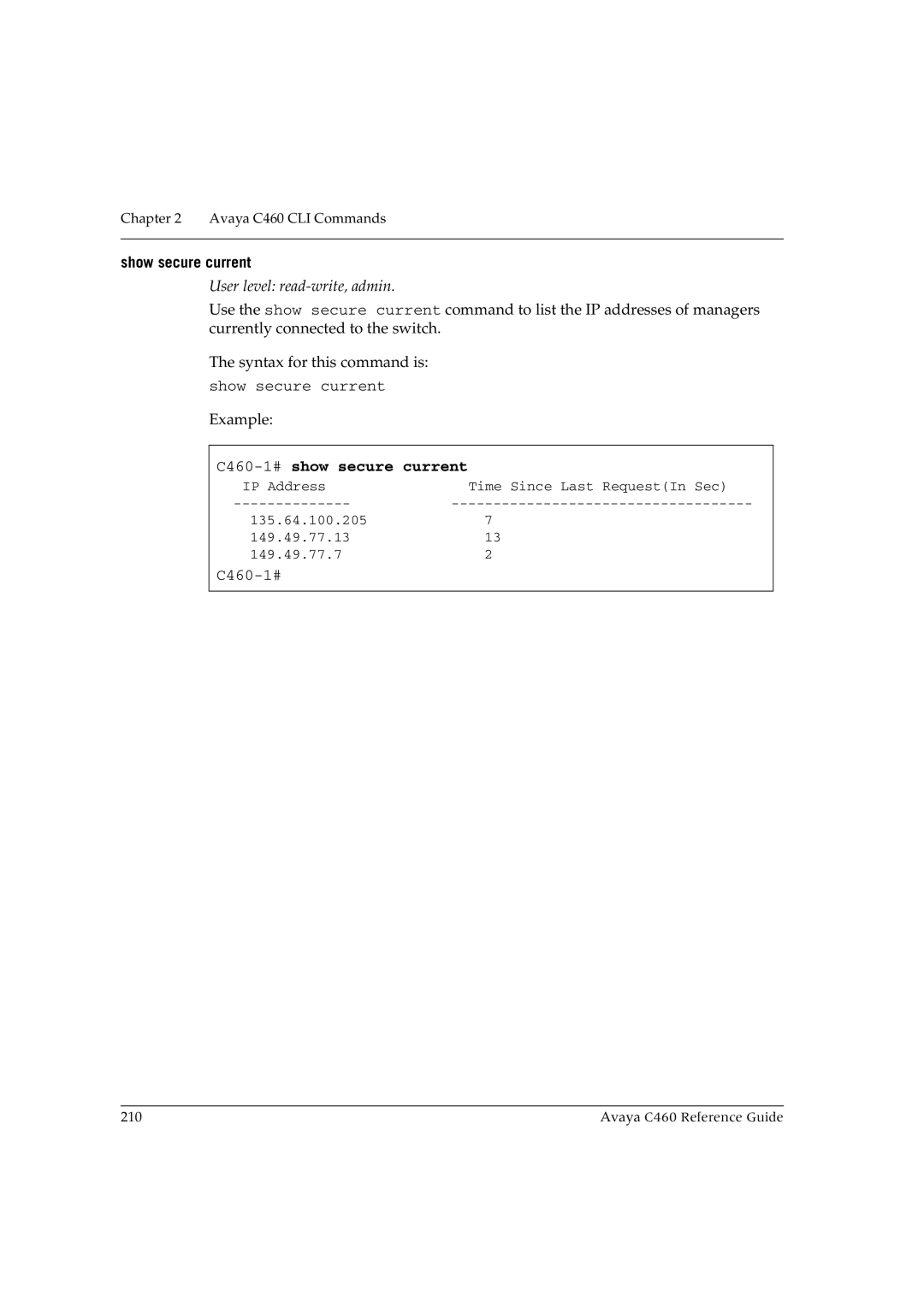 Avaya manual Show secure current, C460-1#show secure current 