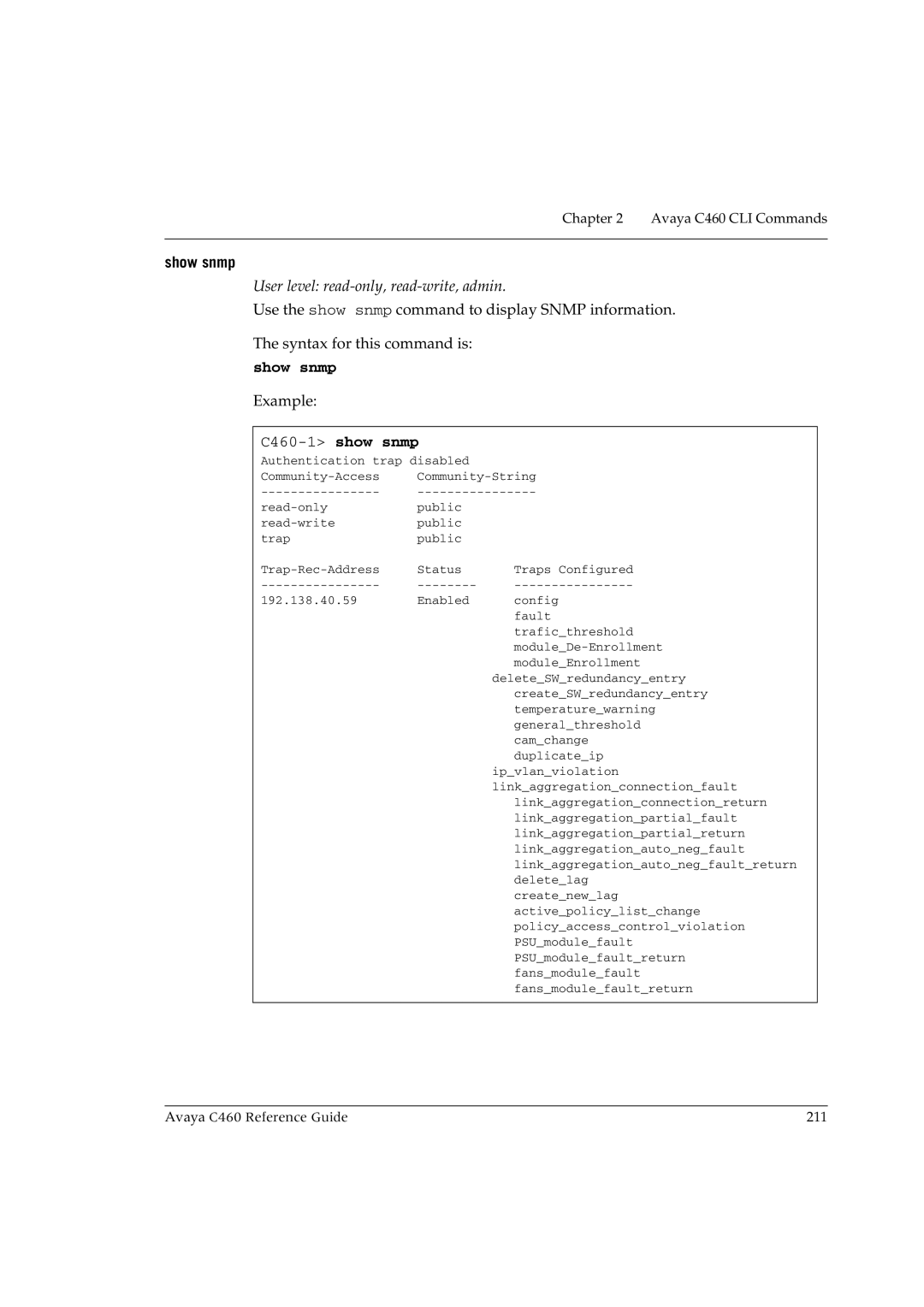 Avaya manual Show snmp, C460-1show snmp 