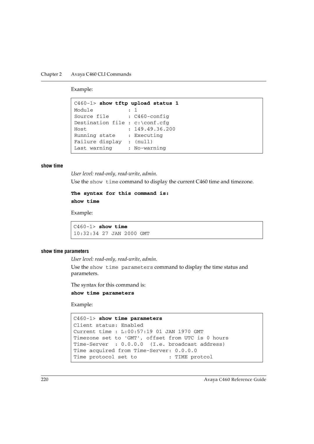 Avaya manual C460-1show tftp upload status, Syntax for this command is Show time, C460-1show time, Show time parameters 