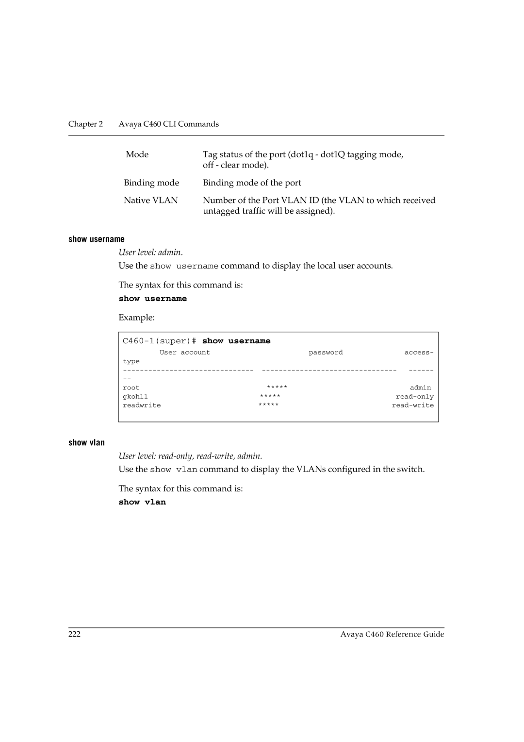 Avaya C460 manual Show username, Show vlan 