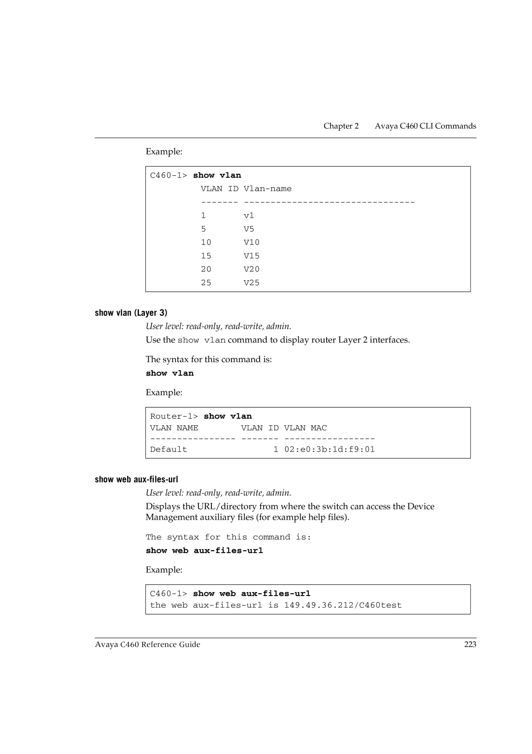 Avaya manual C460-1 show vlan, Show vlan Layer, Show web aux-files-url, C460-1show web aux-files-url 