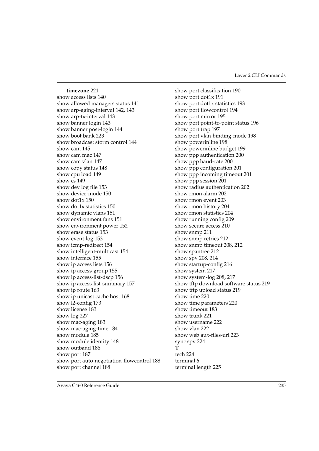 Avaya C460 manual Timezone 221 show access lists 