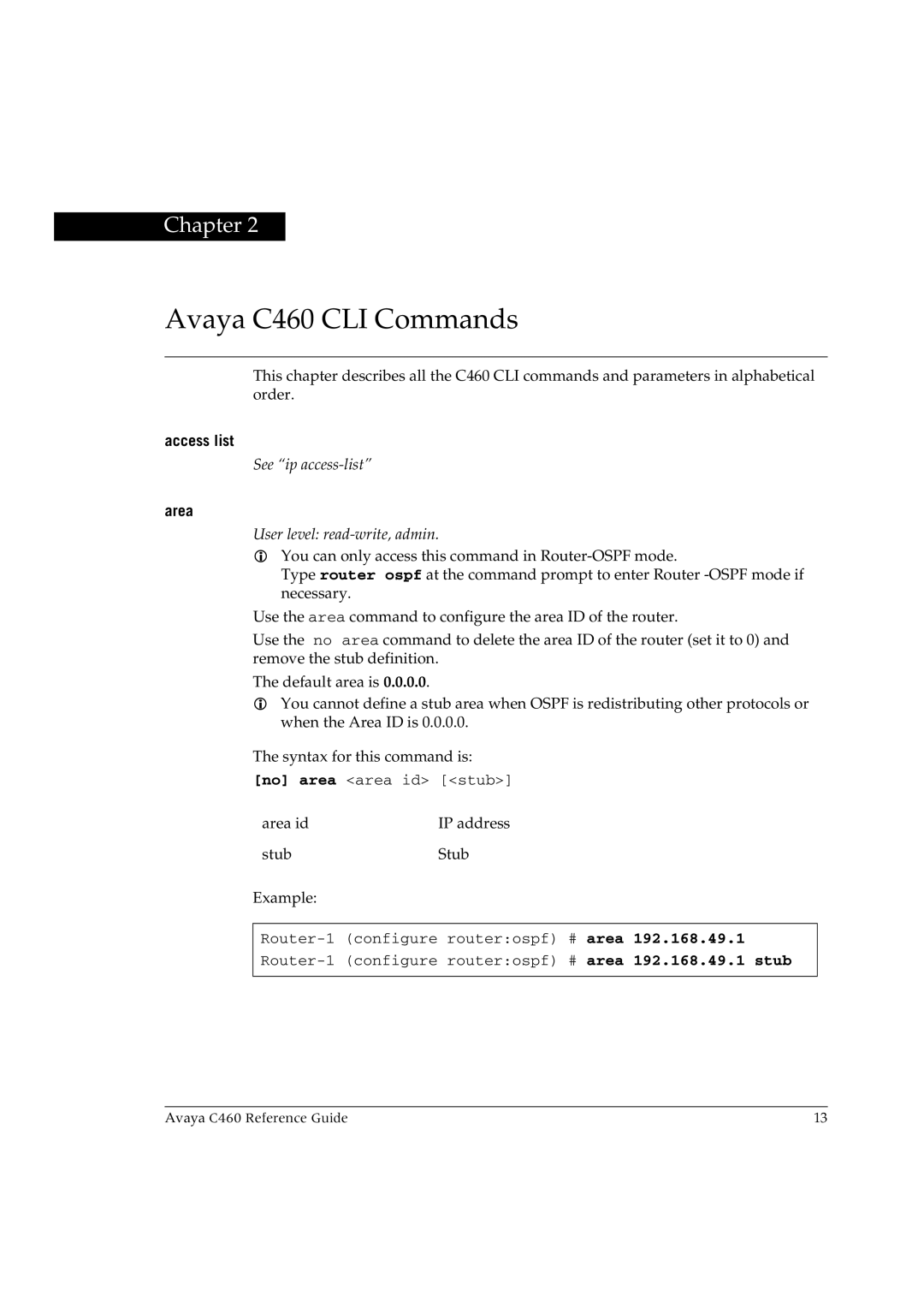 Avaya C460 manual Access list, Area 