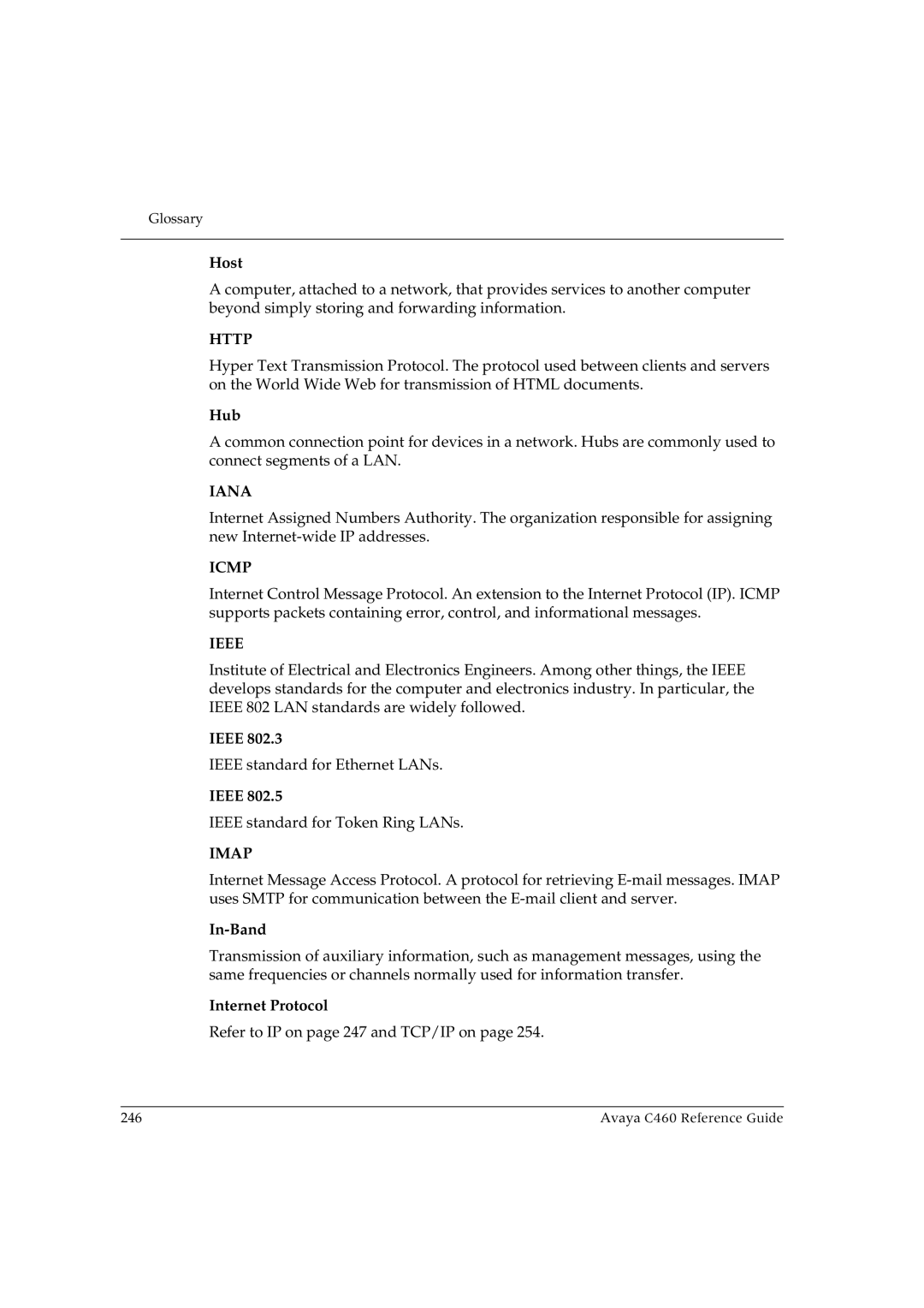 Avaya C460 manual Host, Hub, Ieee, In-Band, Internet Protocol 