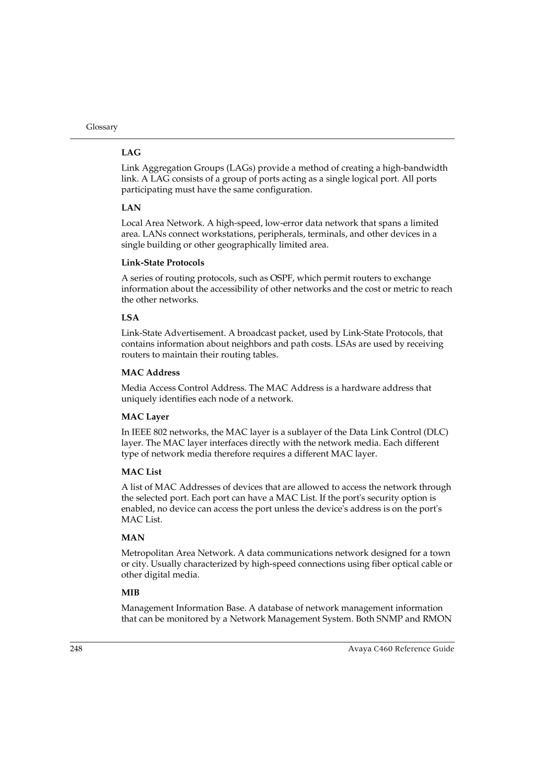 Avaya C460 manual Link-State Protocols, MAC Address, MAC Layer, MAC List 