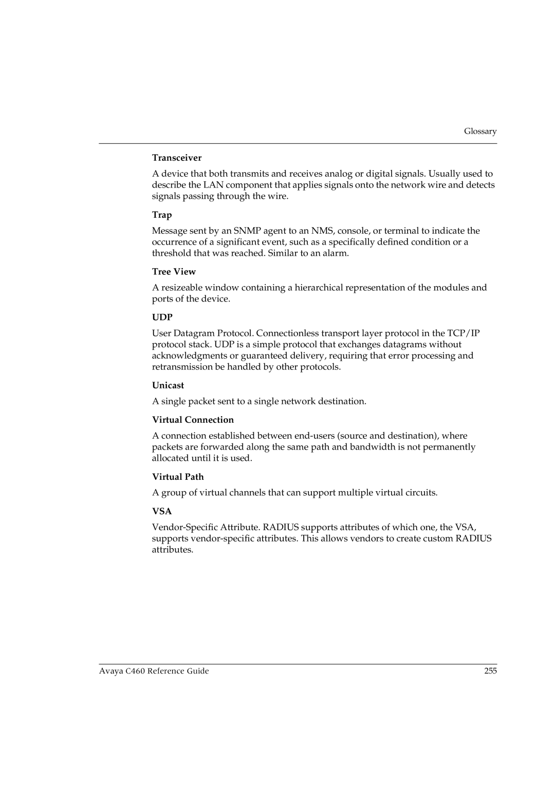 Avaya C460 manual Transceiver, Trap, Tree View, Unicast, Virtual Connection, Virtual Path 