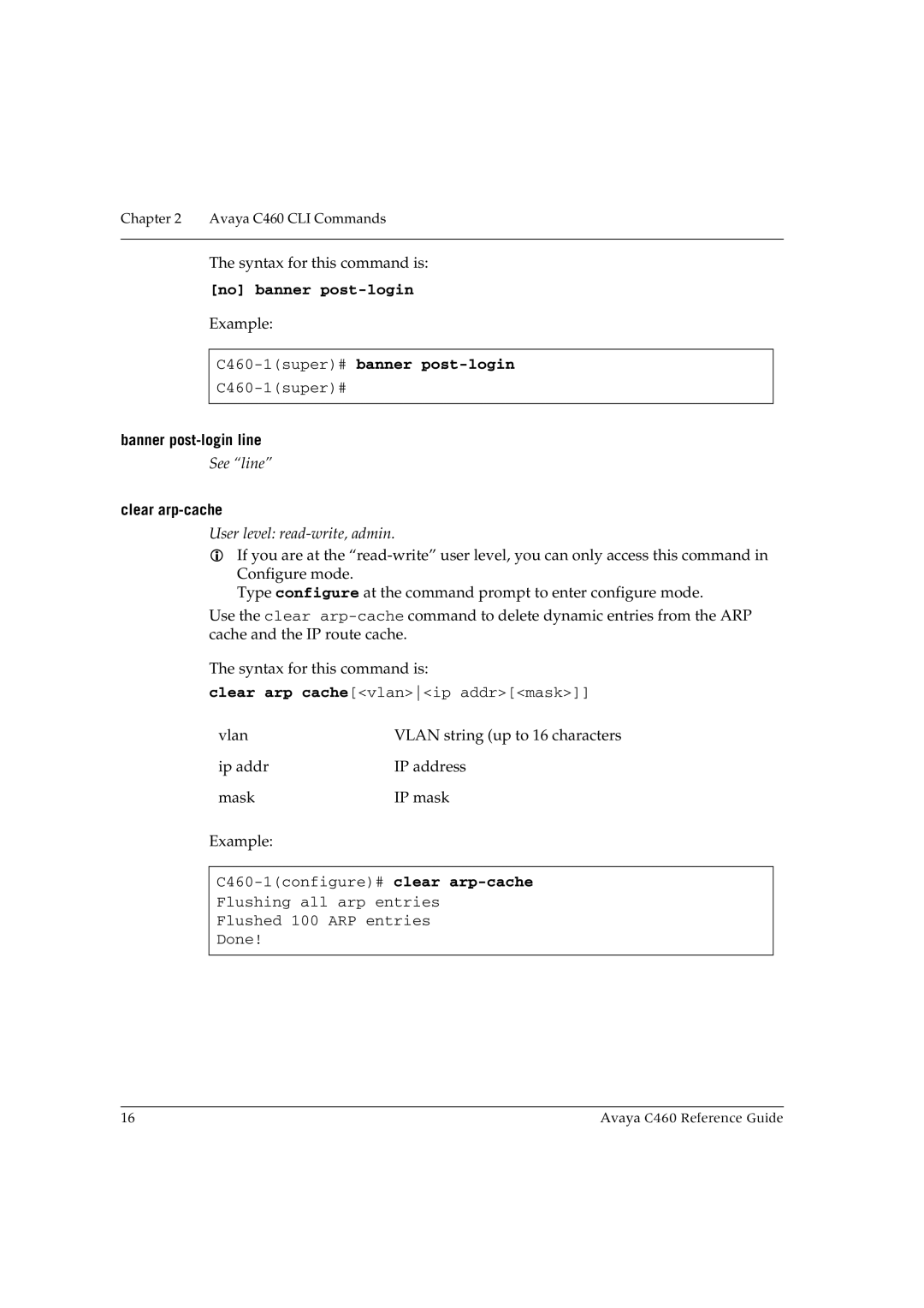 Avaya manual No banner post-login, C460-1super#banner post-login, Banner post-login line, Clear arp-cache 