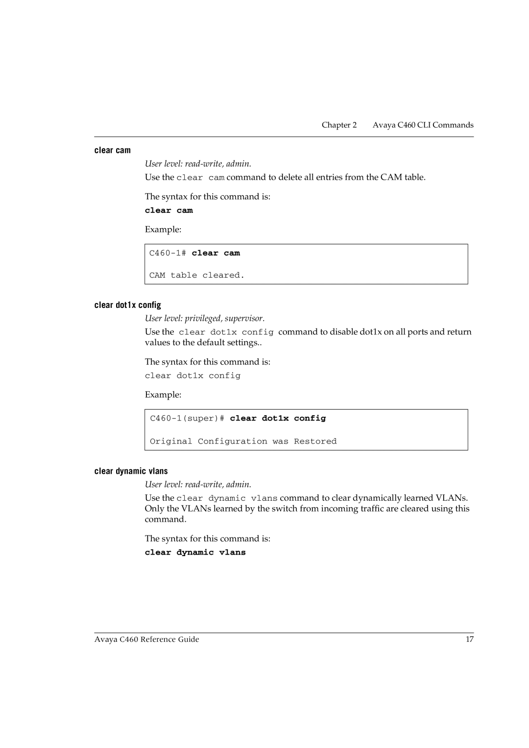 Avaya manual Clear cam, C460-1#clear cam, C460-1super#clear dot1x config, Clear dynamic vlans 