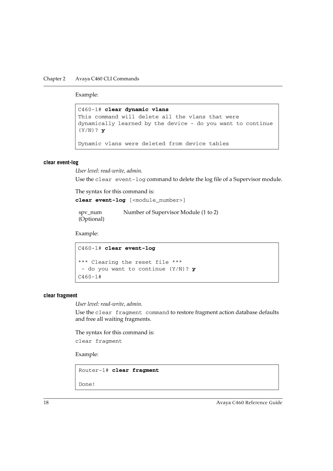 Avaya C460-1#clear dynamic vlans, Clear event-log, C460-1#clear event-log, Clear fragment, Router-1#clear fragment 