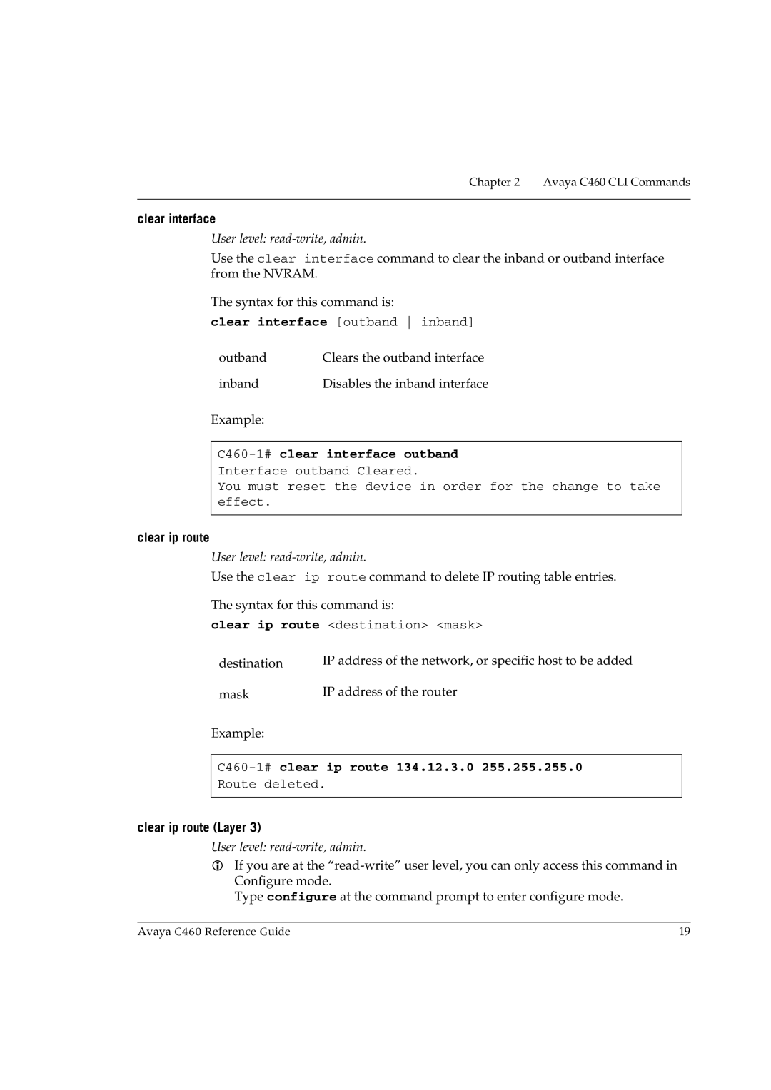 Avaya manual Clear interface, C460-1#clear interface outband, Clear ip route, C460-1#clear ip route 134.12.3.0 