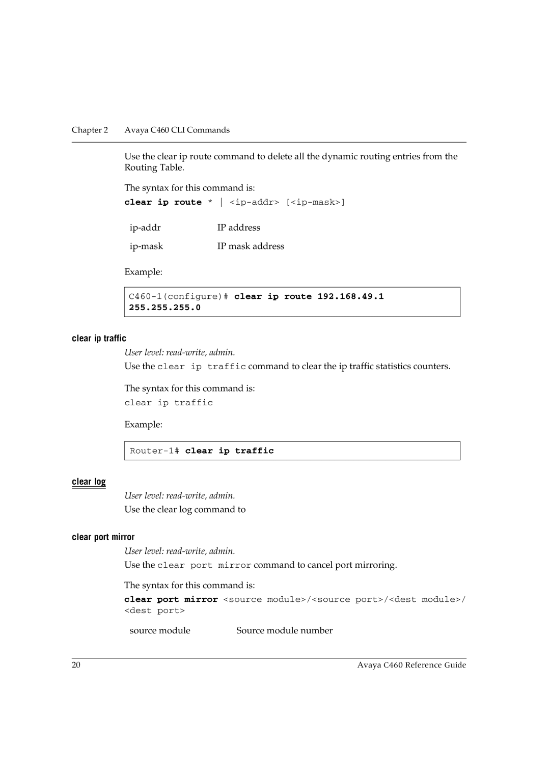 Avaya manual C460-1configure#clear ip route 192.168.49.1, Clear ip traffic, Router-1#clear ip traffic, Clear log 