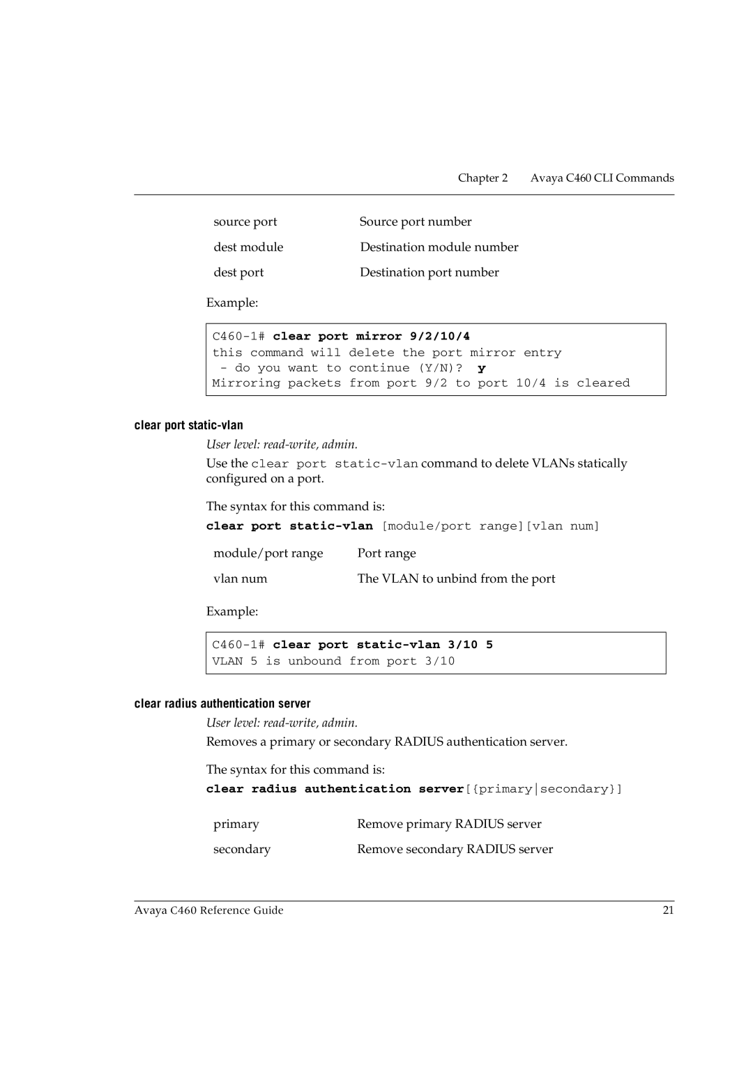 Avaya manual C460-1#clear port mirror 9/2/10/4, Clear port static-vlan, C460-1#clear port static-vlan 3/10 