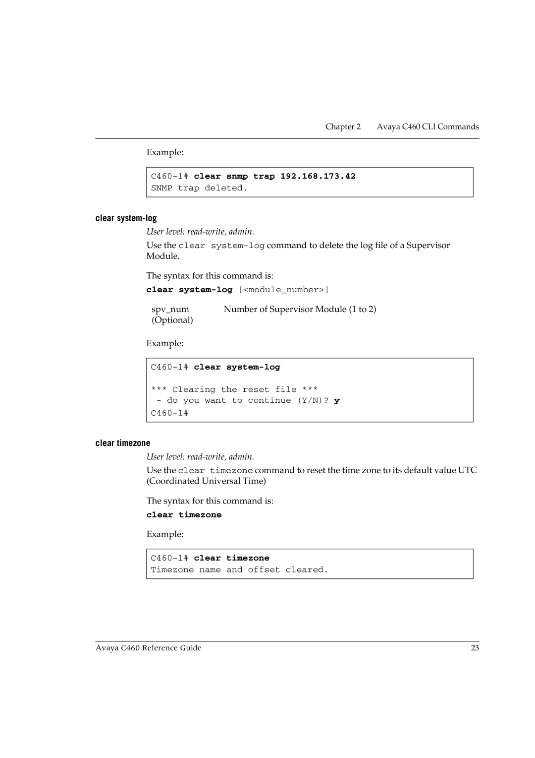 Avaya manual C460-1#clear snmp trap, Clear system-log modulenumber, C460-1#clear system-log, Clear timezone 