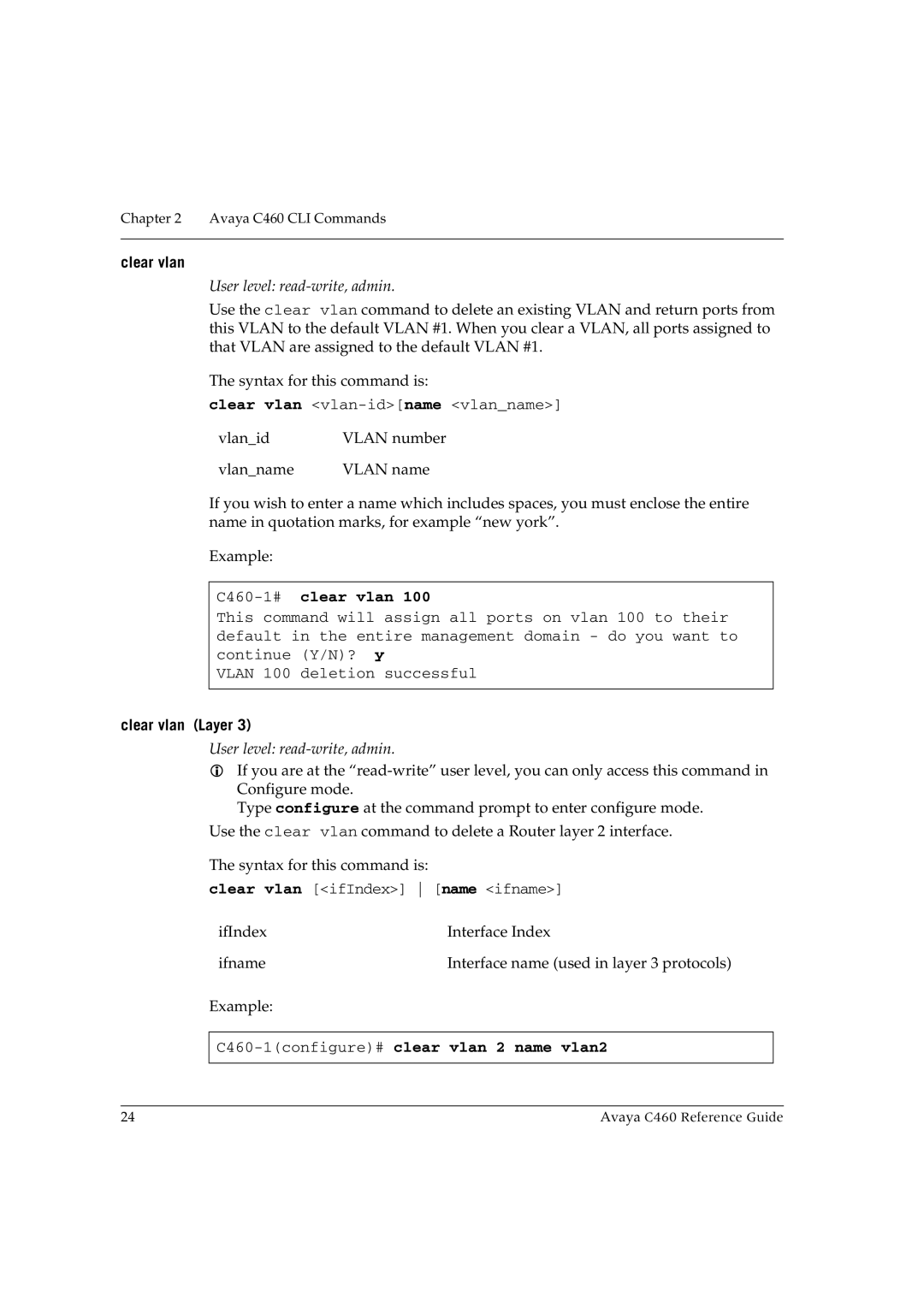 Avaya manual C460-1#clear vlan, Clear vlan Layer, C460-1configure#clear vlan 2 name vlan2 