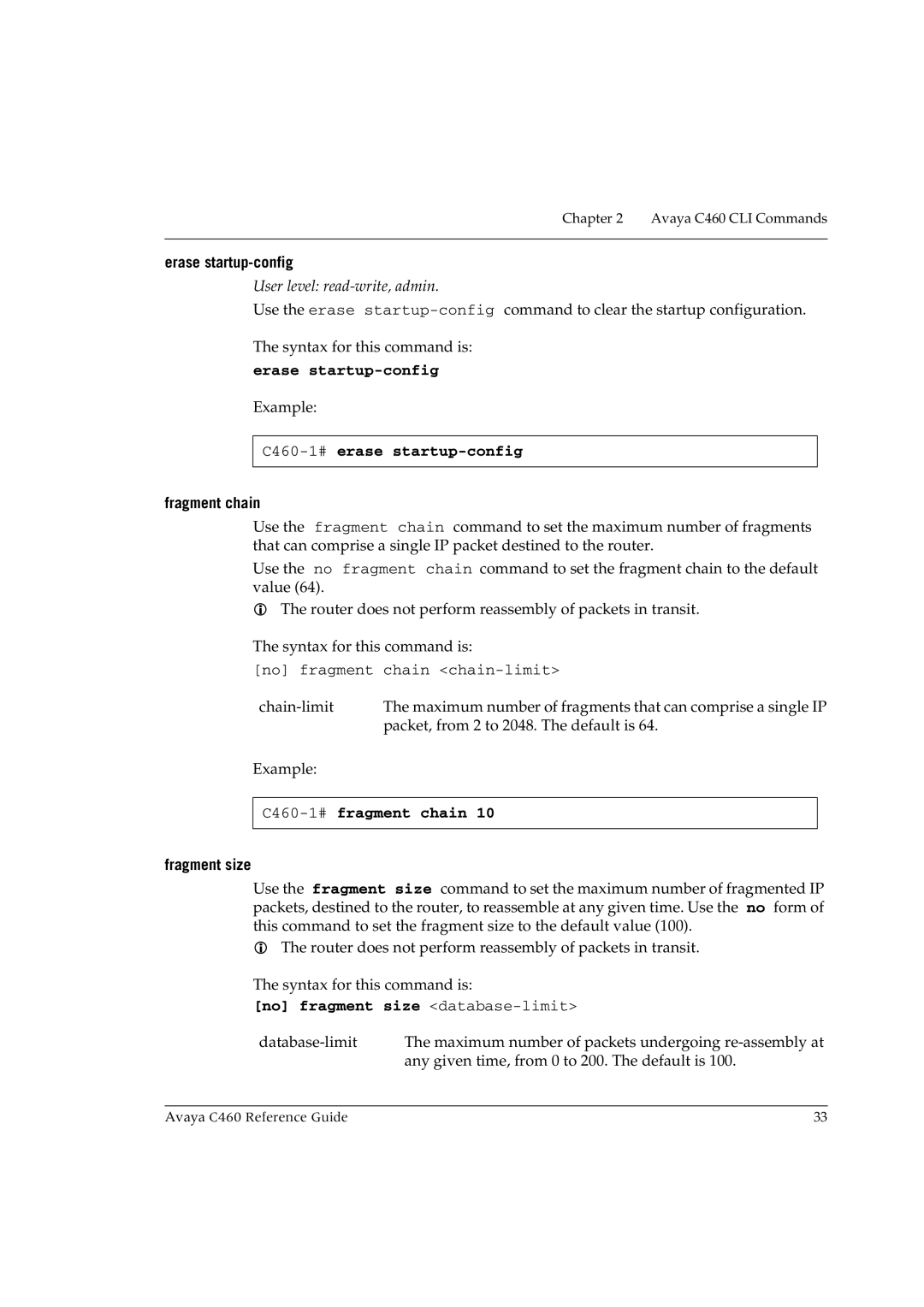 Avaya manual Erase startup-config, C460-1#erase startup-config, C460-1#fragment chain, No fragment size database-limit 