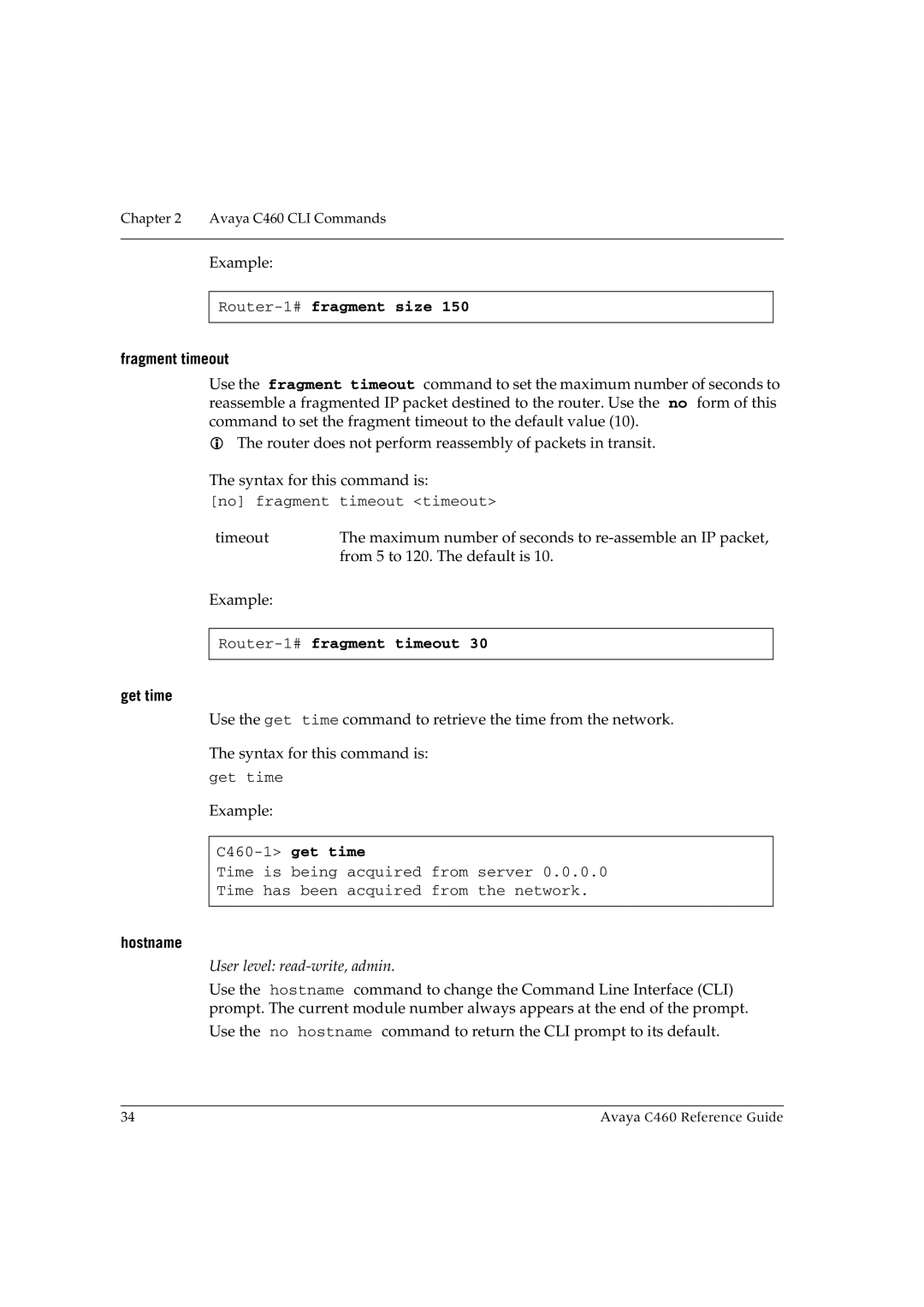 Avaya C460 manual Router-1#fragment size, Fragment timeout, Router-1#fragment timeout, Get time, Hostname 