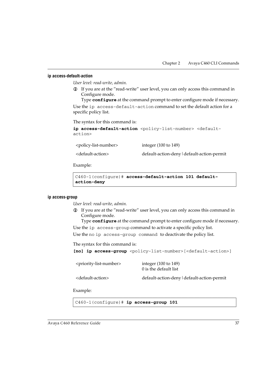 Avaya C460 manual Ip access-default-action, Ip access-group 