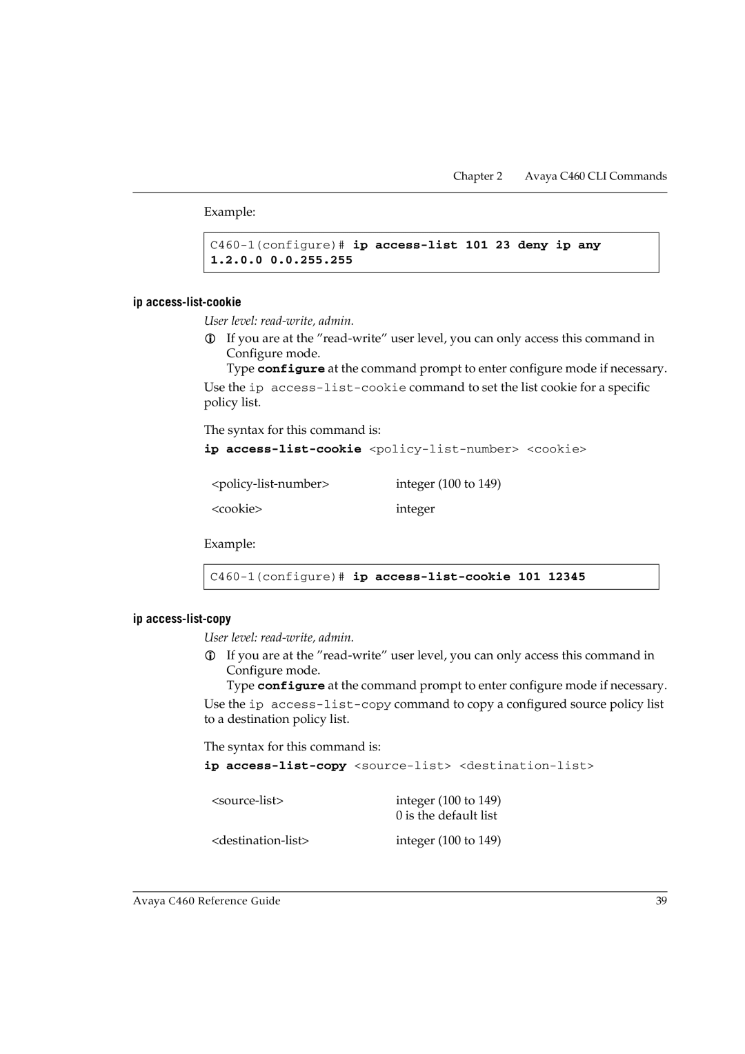 Avaya manual C460-1configure#ip access-list 101 23 deny ip any 1.2.0.0, Ip access-list-cookie, Ip access-list-copy 