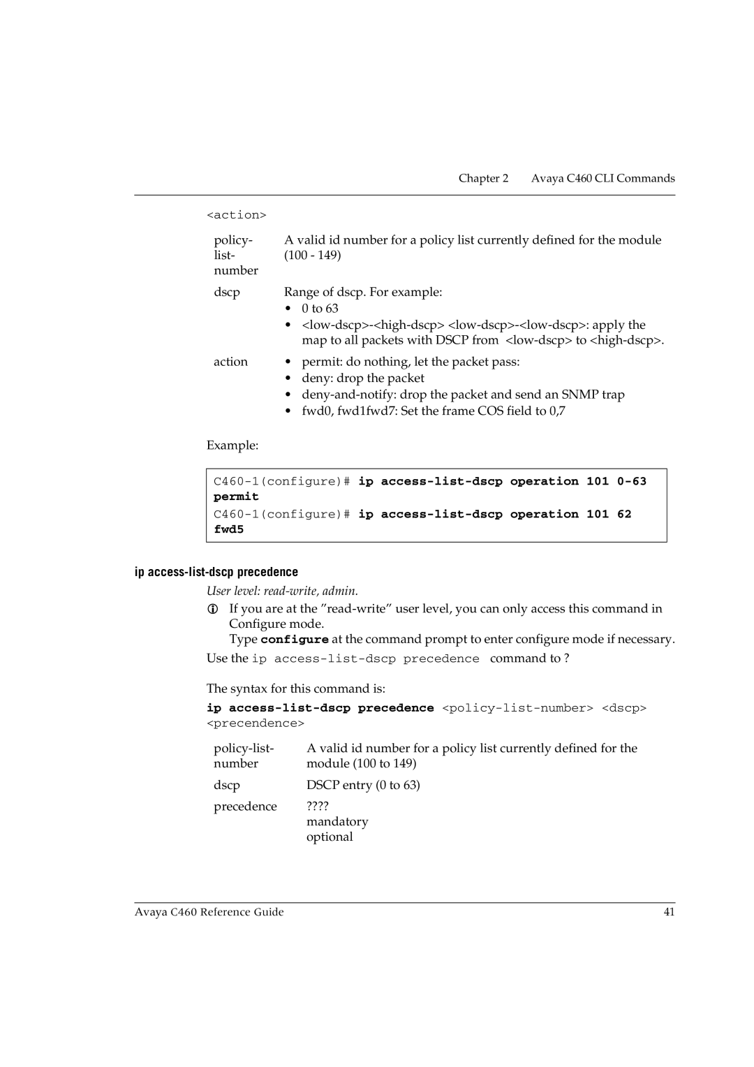 Avaya C460 manual Ip access-list-dscp precedence policy-list-number dscp 