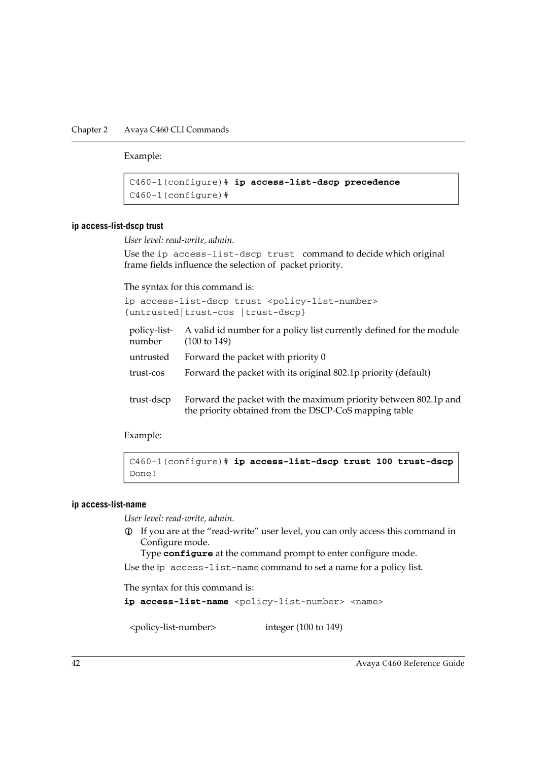 Avaya manual C460-1configure#ip access-list-dscp precedence, Ip access-list-dscp trust, Ip access-list-name 