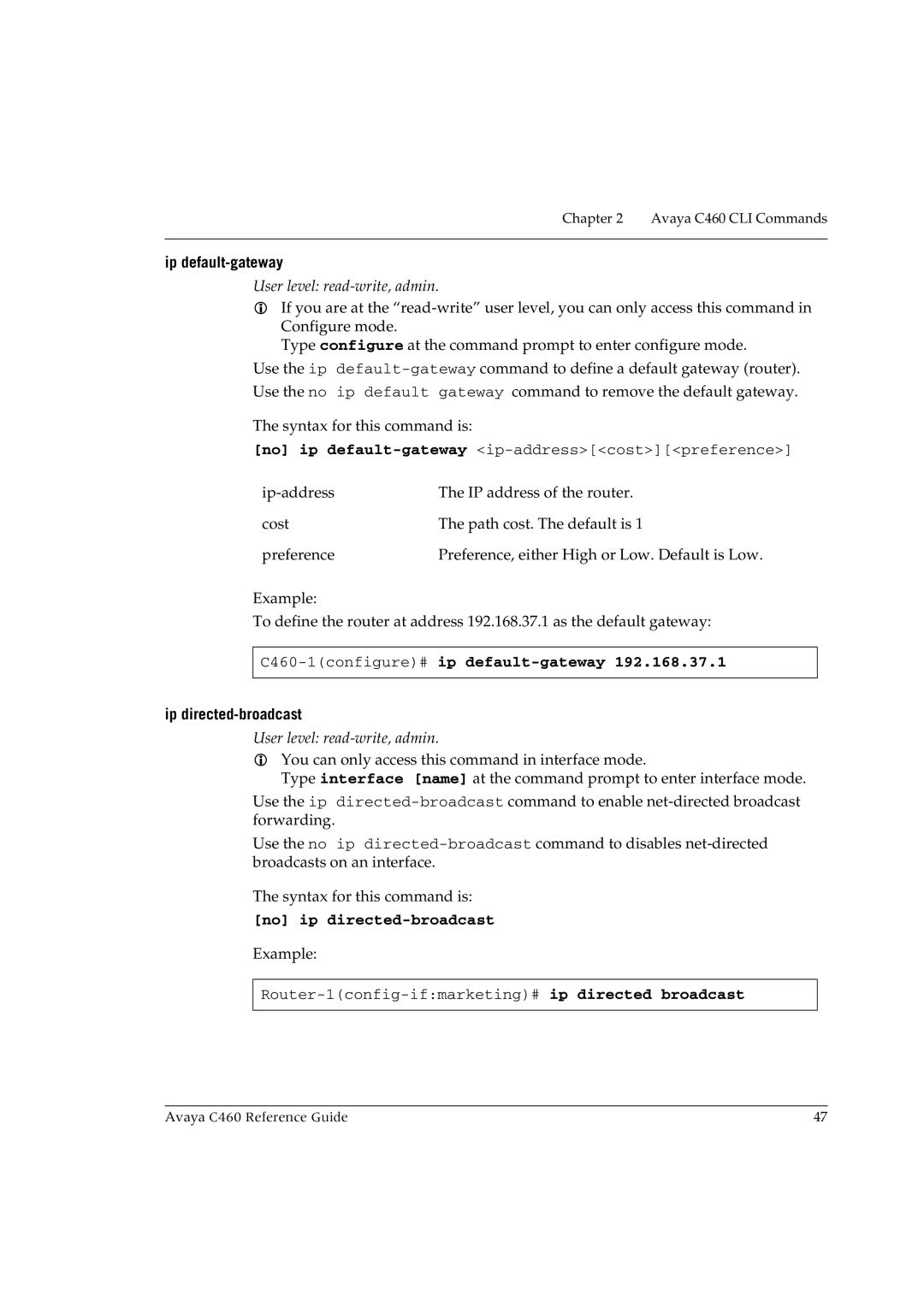 Avaya manual Ip default-gateway, C460-1configure#ip default-gateway, Ip directed-broadcast, No ip directed-broadcast 