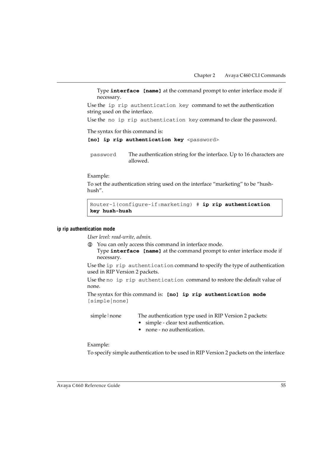 Avaya C460 manual No ip rip authentication key password, Key hush-hush, Ip rip authentication mode 