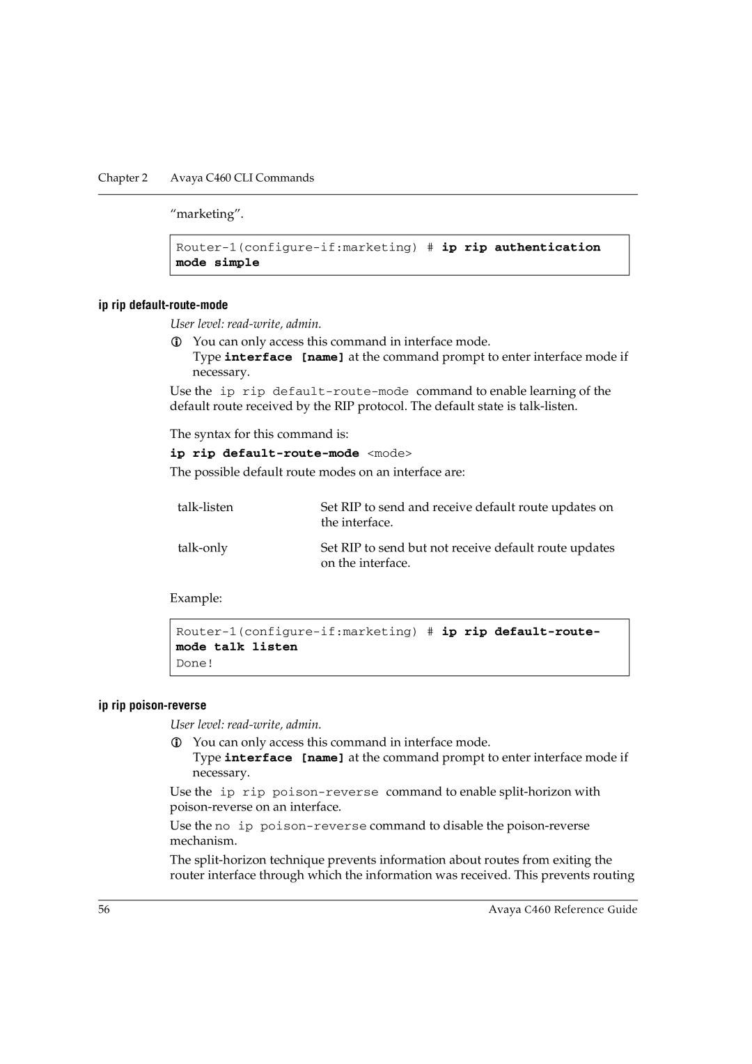 Avaya C460 manual Mode simple, Ip rip default-route-mode mode, Mode talk listen, Ip rip poison-reverse 