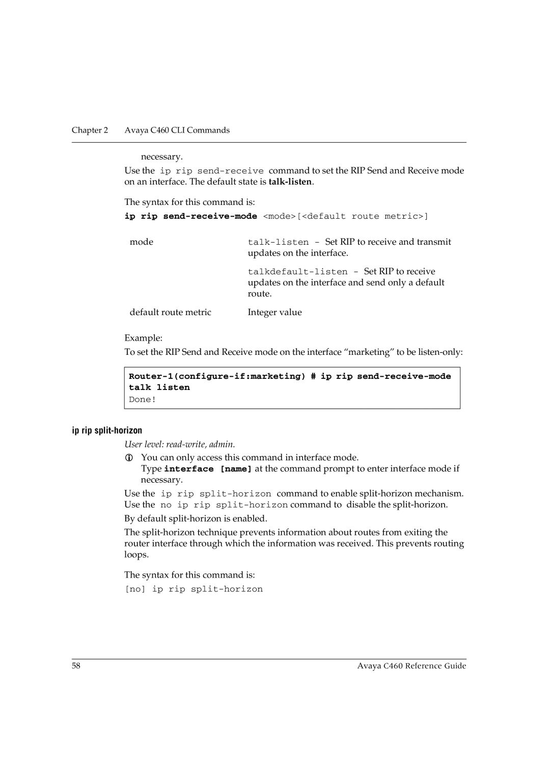 Avaya C460 manual Ip rip split-horizon 