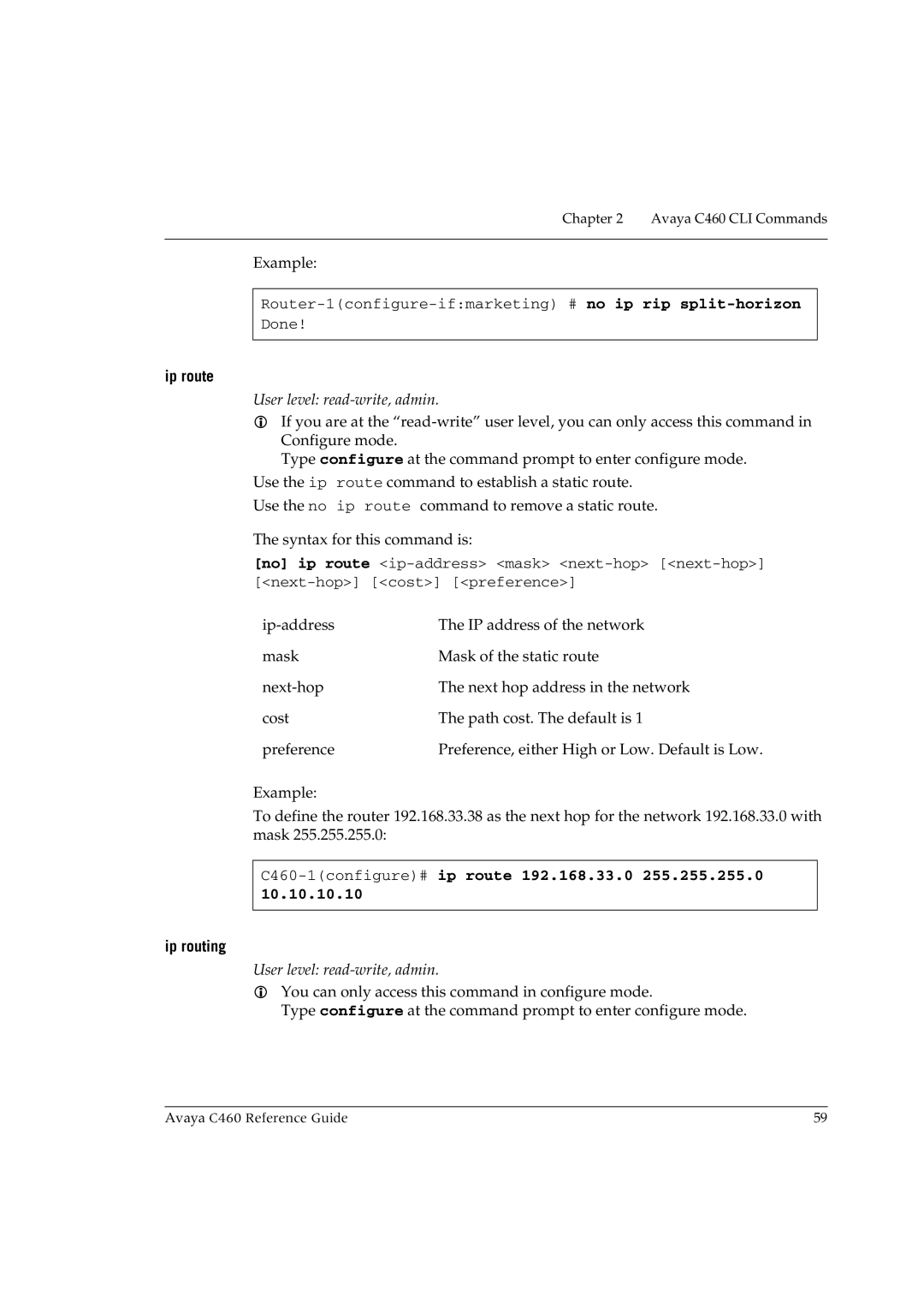 Avaya manual Ip route, C460-1configure#ip route 192.168.33.0 255.255.255.0, Ip routing 