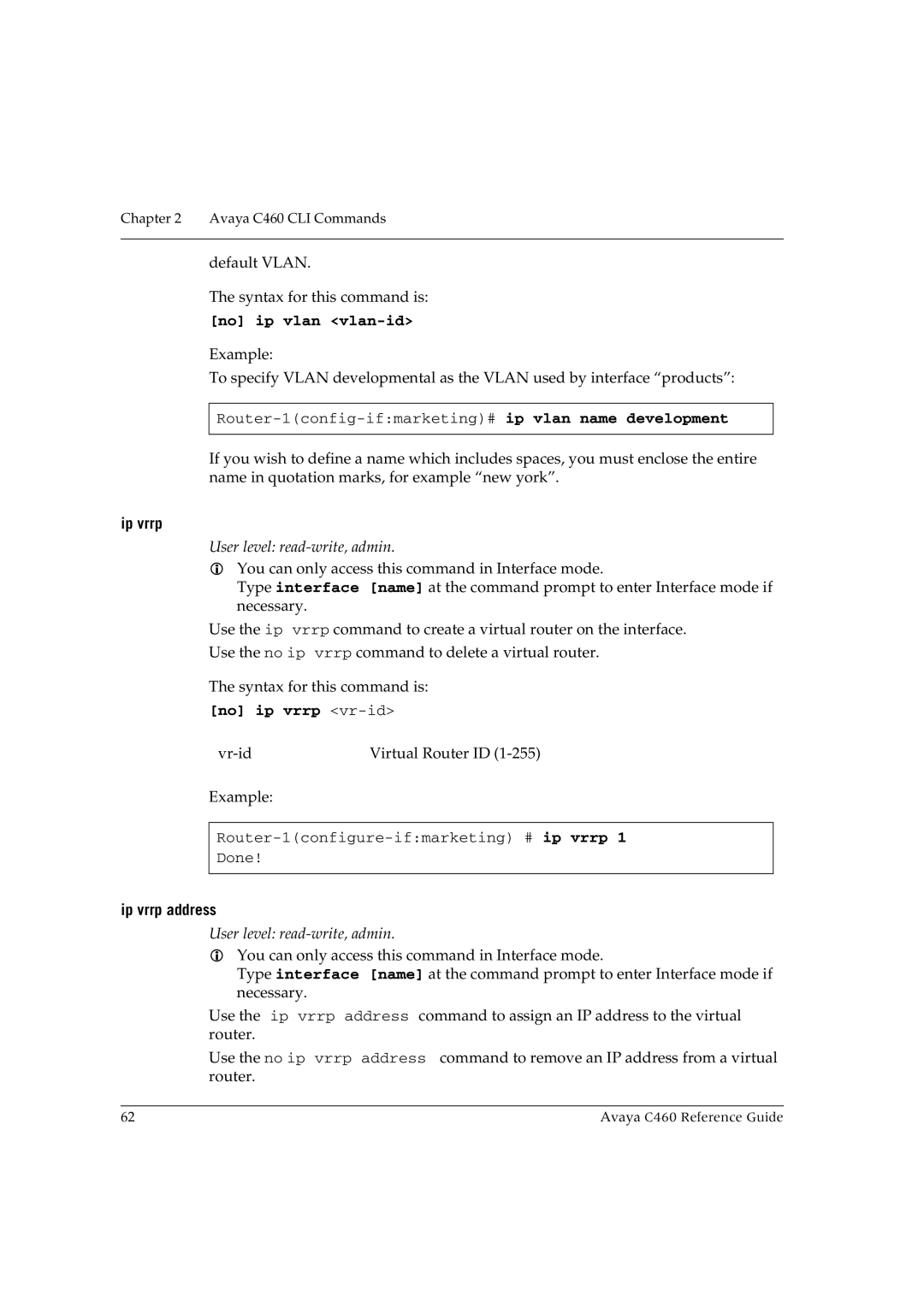 Avaya C460 manual No ip vlan vlan-id, No ip vrrp vr-id, Ip vrrp address 