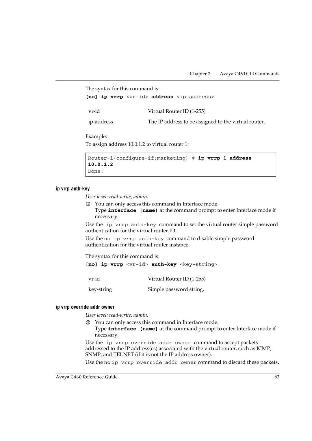 Avaya C460 manual No ip vrrp vr-idaddress ip-address, 10.0.1.2, Ip vrrp auth-key, No ip vrrp vr-idauth-key key-string 