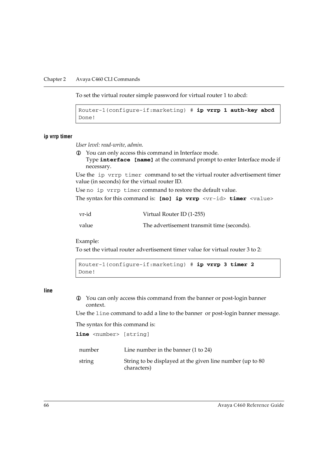 Avaya C460 manual Ip vrrp timer, Line 