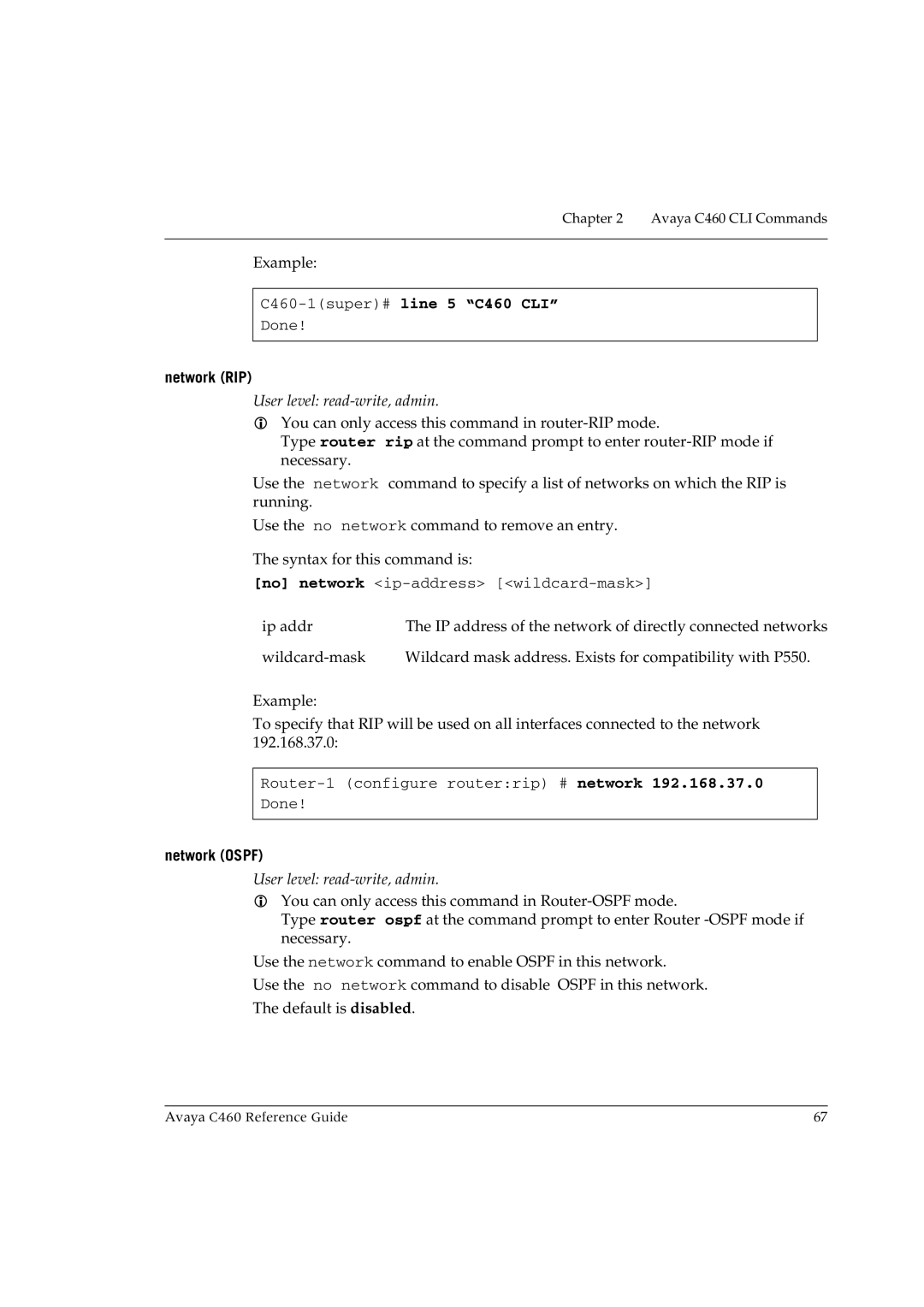 Avaya manual C460-1super#line 5 C460 CLI, Network RIP, Network Ospf 