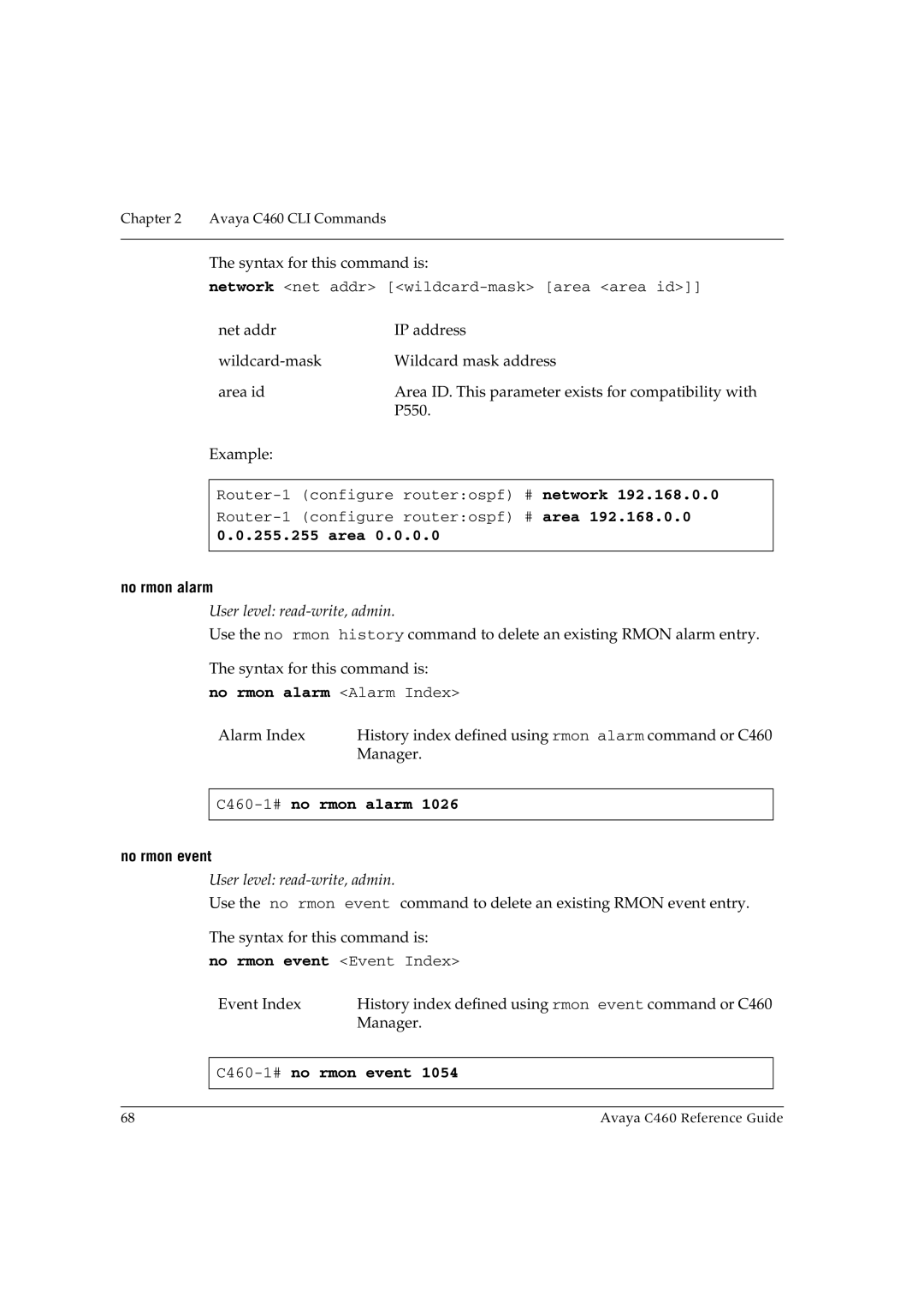 Avaya manual Area, No rmon alarm Alarm Index, C460-1#no rmon alarm, No rmon event Event Index, C460-1#no rmon event 