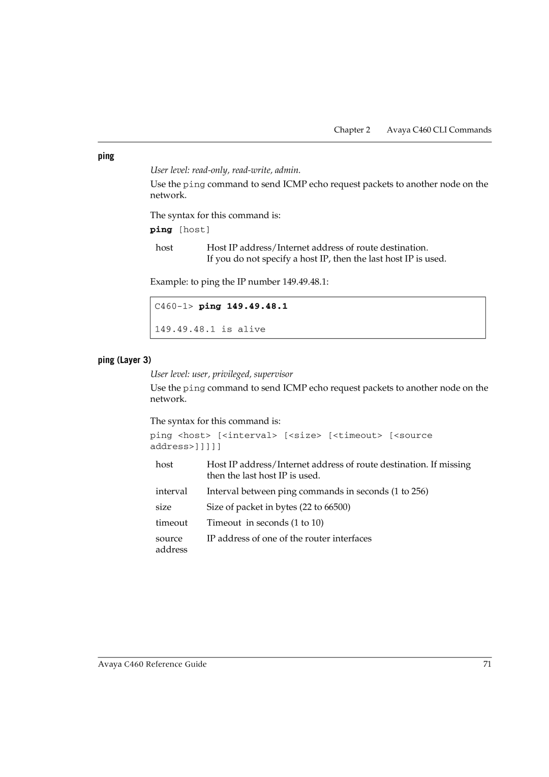 Avaya manual C460-1ping, Ping Layer 