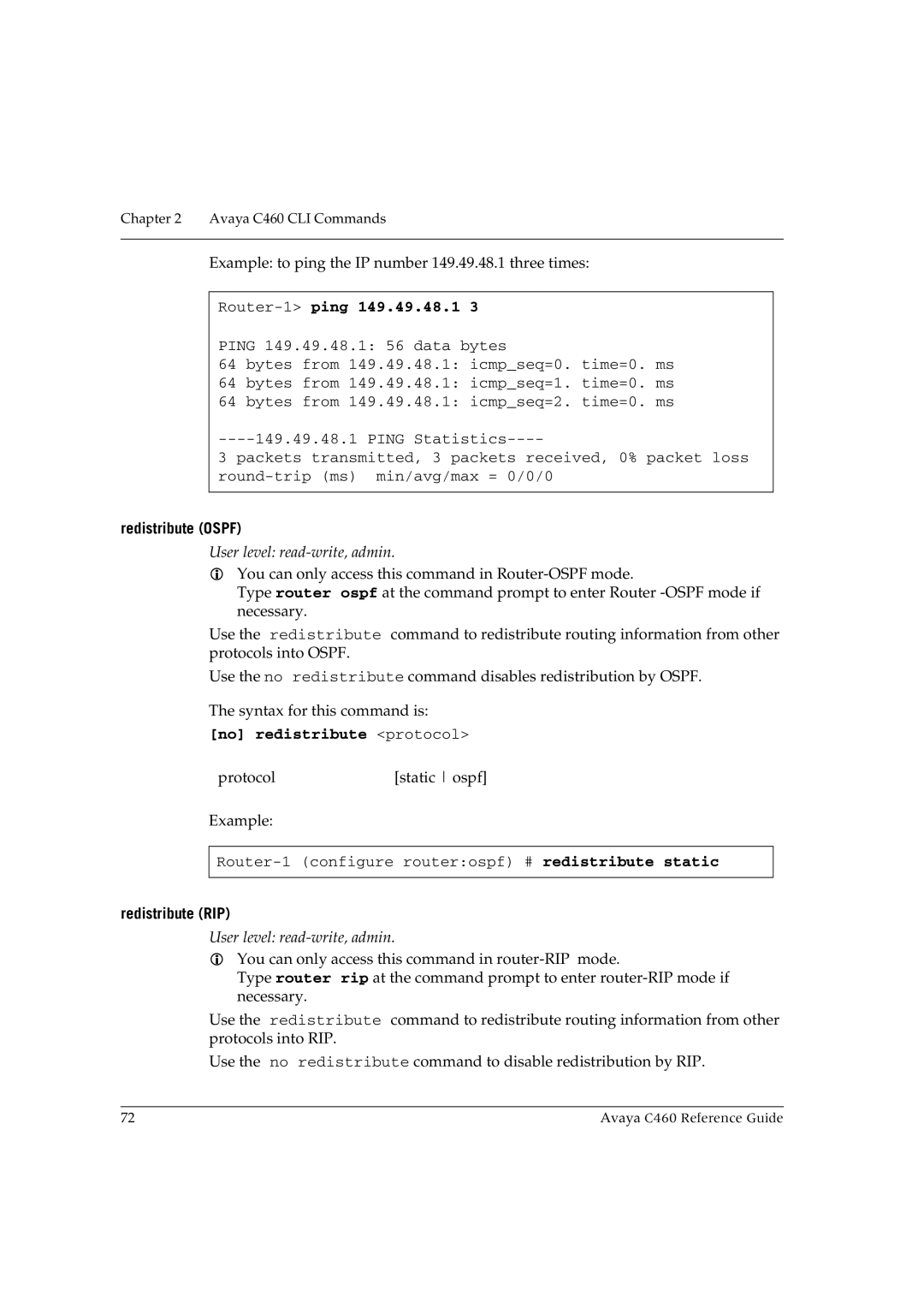 Avaya C460 manual Router-1ping 149.49.48.1, Redistribute Ospf, No redistribute protocol, Redistribute RIP 