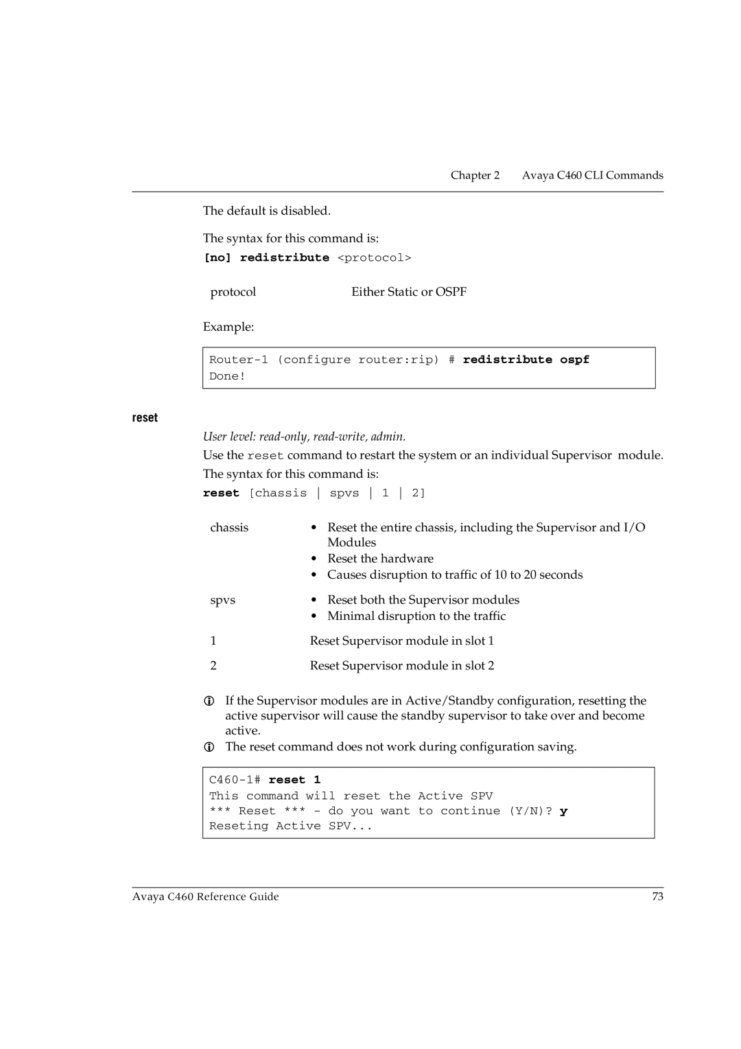 Avaya C460 manual Reset 