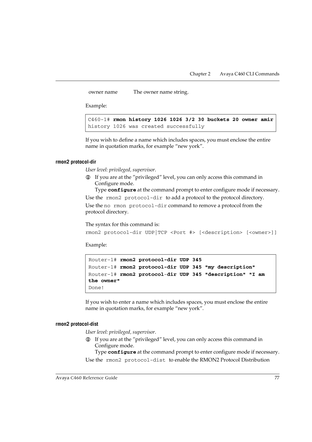 Avaya manual C460-1#rmon history 1026 1026 3/2 30 buckets 20 owner amir, Rmon2 protocol-dir, Rmon2 protocol-dist 