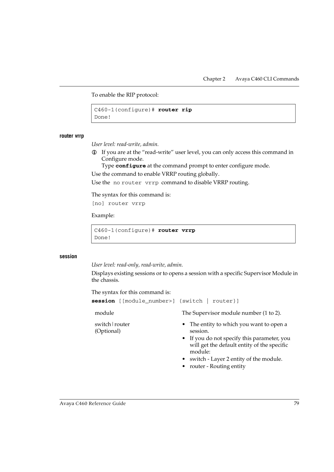 Avaya C460 manual Router vrrp, Session 