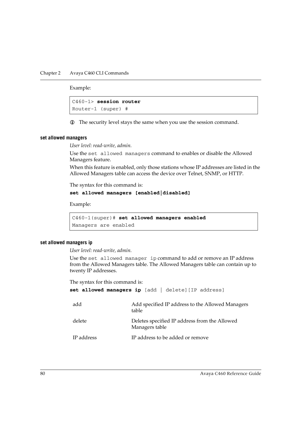 Avaya manual C460-1session router, Set allowed managers enableddisabled, C460-1super#set allowed managers enabled 