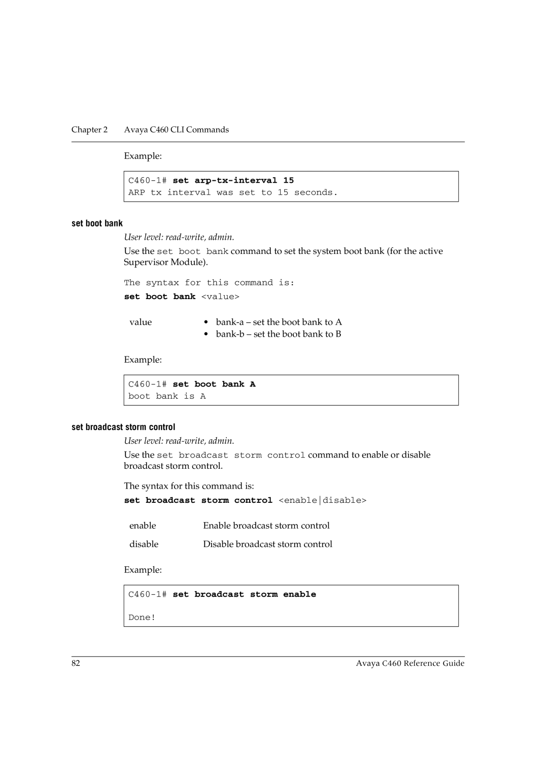 Avaya manual C460-1#set arp-tx-interval, Set boot bank value, C460-1#set boot bank a, C460-1#set broadcast storm enable 