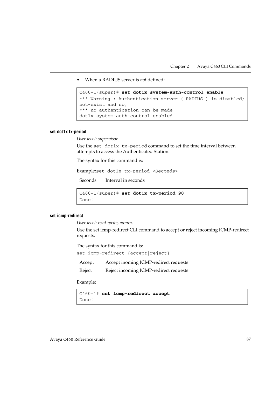 Avaya manual Set dot1x tx-period, C460-1super#set dot1x tx-period, Set icmp-redirect, C460-1#set icmp-redirect accept 