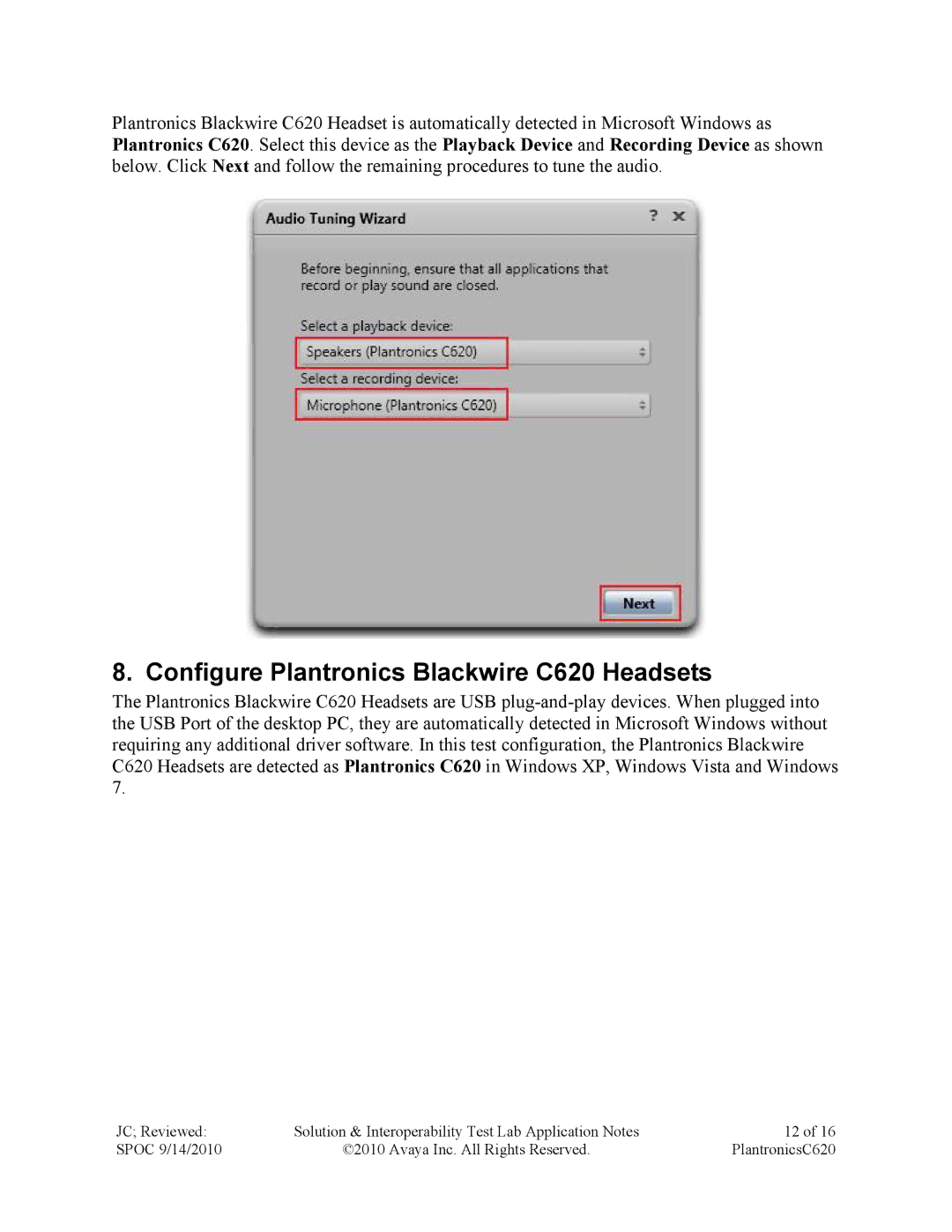 Avaya manual Configure Plantronics Blackwire C620 Headsets 