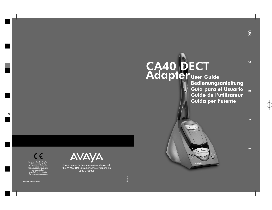 Avaya manual CA40 DECT, AdapterUser Guide Bedienungsanleitung Guía para el Usuario, Uk D E F I, 62086-01 
