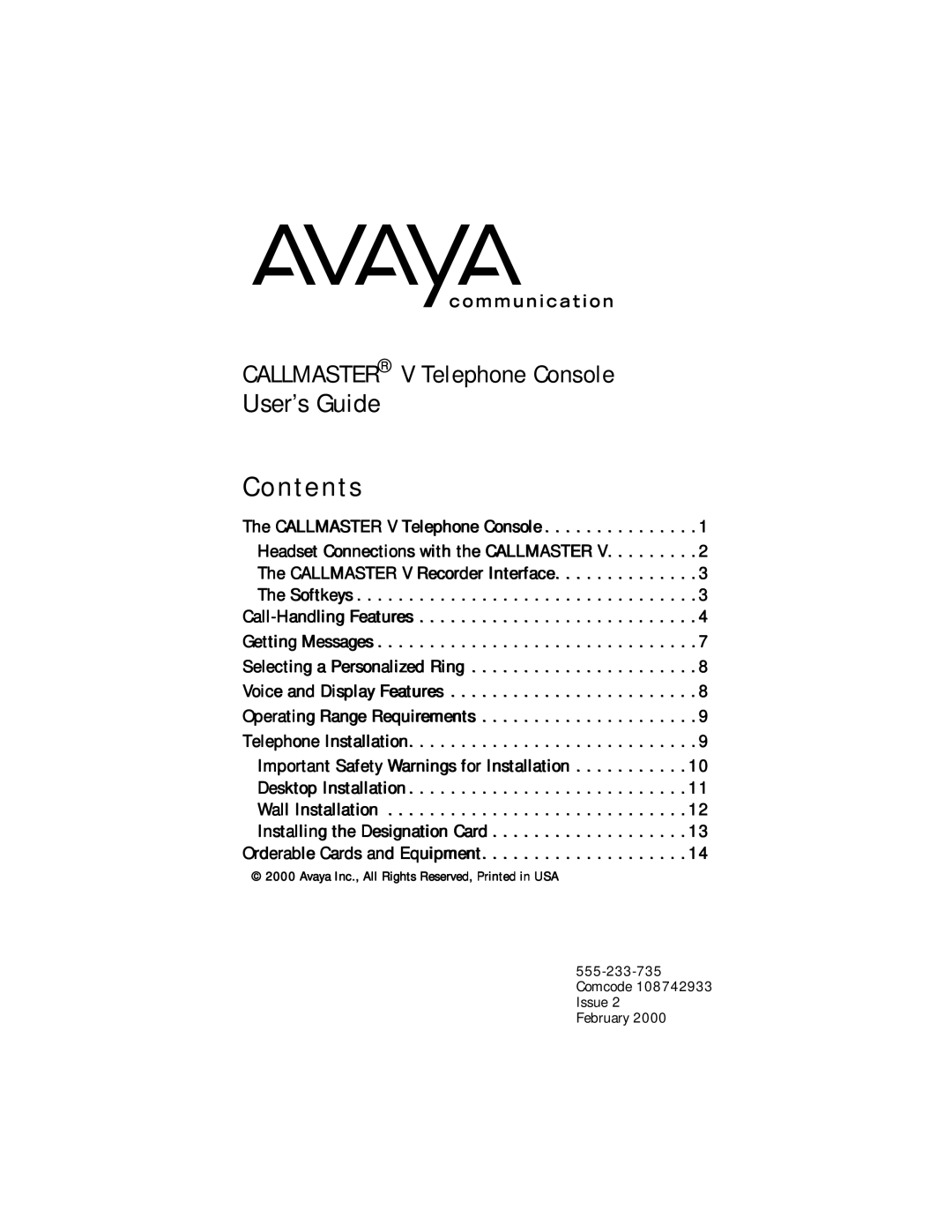 Avaya Callmaster V manual Contents 