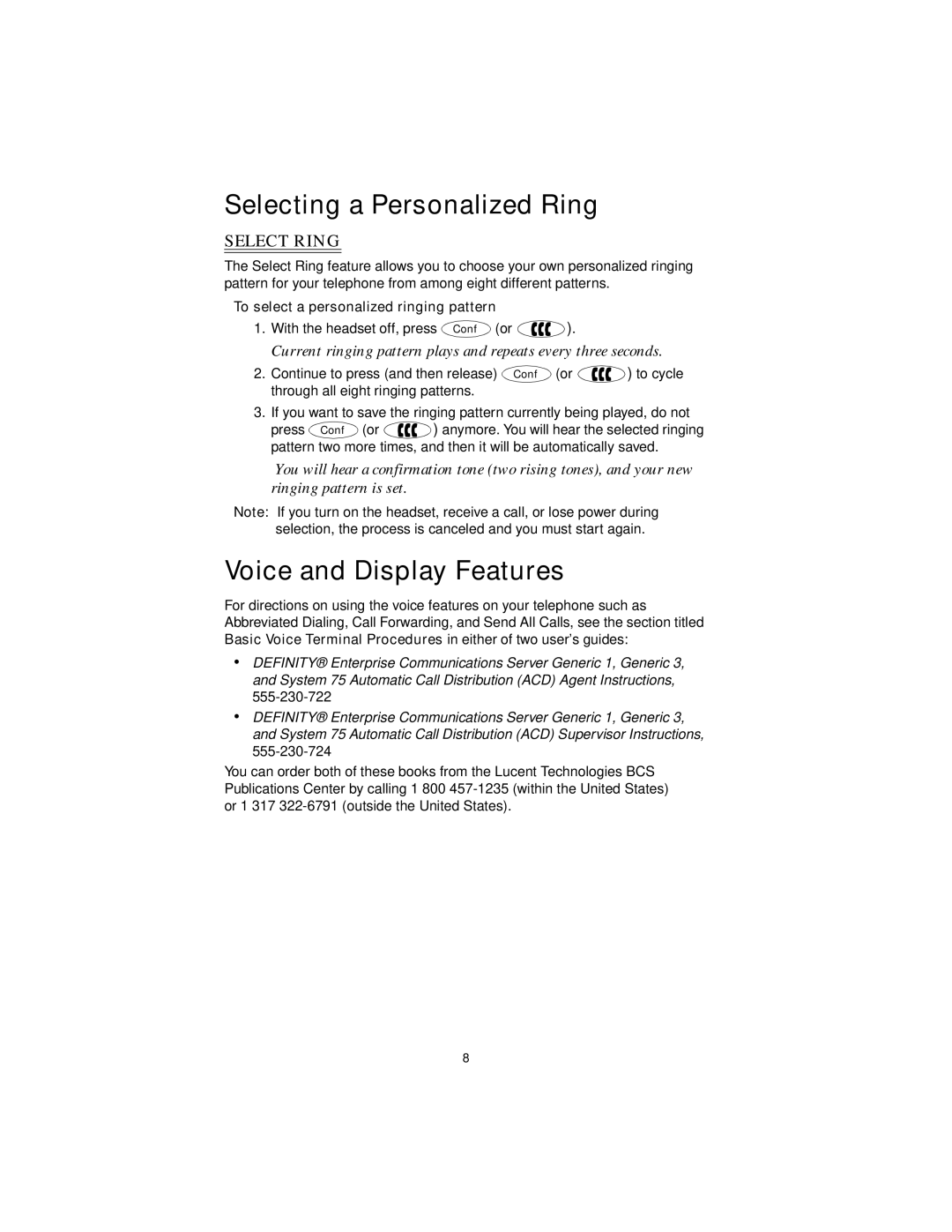 Avaya Callmaster V manual Selecting a Personalized Ring, Voice and Display Features, Select Ring 